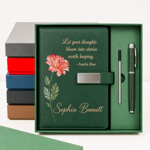 GODMERCH Personalized Leather Journal Notebook A5, Custom Name PU Writing Diary with Buckle Closure, Optional Pen Gift Box Set for Women Men, Professional Executive Office Corporate Keepsake, P2