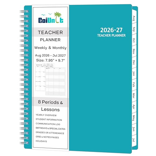 GoiUnlt Teacher Planner 2026-2027, AUG. 2026 – JUL. 2027, Lesson Planner 2026-2027 Academic Year, with Tabs, Thick Paper, 2-Sided Pocket, 8’’ x 10’’ Daily Weekly and Monthly Calendar with 8 Periods
