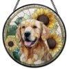 Golden Retriever & Sunflower Stained Glass Style Suncatcher,Window Hanging Decor,DIY Puzzle,Dog Floral Round Wall Decoration,7.4 in,83 Pieces Irregular Pieces
