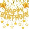 Gold Happy Birthday Balloons Banner With Gold Star Hanging Swirl Decorations, Star Foil Balloons For Happy Birthday Decorations Women, Men