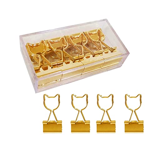 Gold Metal Cute Binder Clips Cat Shaped 3/4-Inch Width Mini Binder Clips in Acrylic Crystal Box Invoice Bill Clip Decorative Paper Clips Notes Letter for Office Home School(12Pcs)