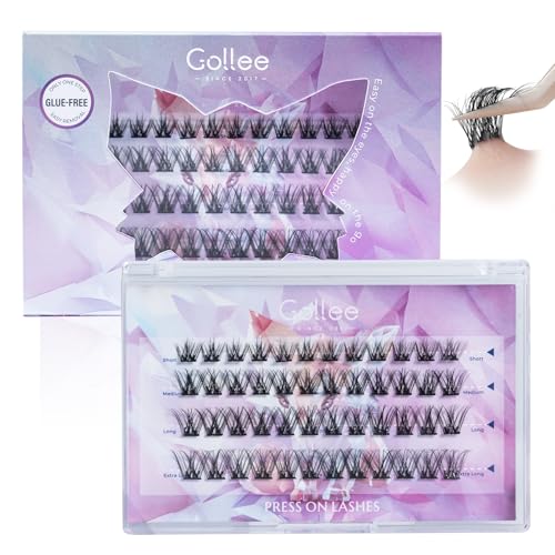 Gollee Self Adhesive Eyelashes 10-16mm | No Glue Needed Pre-Glued Lash Clusters | 48 Clusters Wispy Natural Look | Reusable Beginner Friendly No Residue