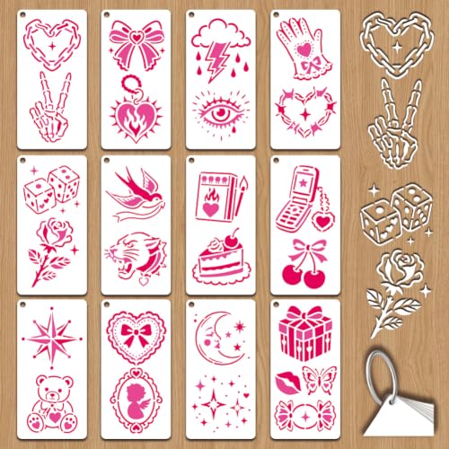 GOMAKERER 12 Sheets Graffiti Wall Stencil for Painting, Retro Tattoo Style Drawing Templates Reusable PET Heart Cake Matches Telephone Stencils for Painting on Wall Wood Home Decor