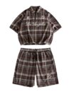 GORGLITTER Men's 2 Piece Plaid Quarter Zip Cropped Preppy Shirt and Shorts Outfit Sets Brown X-Large