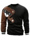 GORGLITTER Men's Bear Pattern Long Sleeve Sweatshirts Drop Shoulder Crewneck Pullover Tops Black and Brown Medium