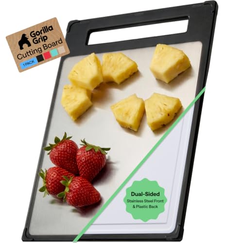 GORILLA GRIP Stainless Steel Cutting Boards, US Designed, Reverisble Polypropylene Side, Juice Grooves Catch Liquid, Slip Resistant TPR Border, Dishwasher Safe, Meats, Vegetables, Small, Black