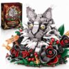 Gothic Maine Coon Cat Black Rose Building Blocks Compatible with Lego Animals Flowers Bouquet Bonsai Botanicals, Gothic Decor for Adults Teens 14+ (1056PCS)