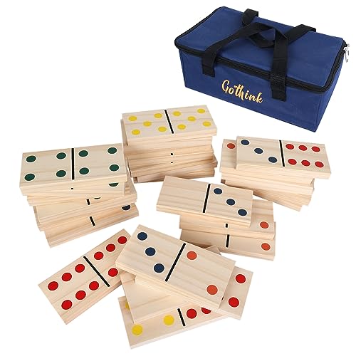 GOTHINK Giant Wood Dominoes Game Outdoor Set for Adults and Kids, 28pcs Jumbo Large-Format Domino Tile with Carrying Bag for Birthday Holiday Family Party Games & Outdoor Lawn and Backyard Activities