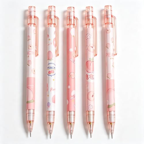 GOUDOGEDC 5Pcs Mechanical Pencils with Eraser,Cute Mechanical Pencils With Top Peach Automatic Stationery Gift Peach Automatic School Office Supply,Writing and Correction Supplies