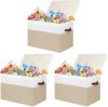 Gowee Large Toy Storage Box with Lid, Sturdy Toys Storage Chest Bin Organizer Basket with Dividers for Kids, Boys, Girls, Nursery, Closet, Bedroom, Playroom 25"x13" x16" (Beige and White) (Pack of 3)