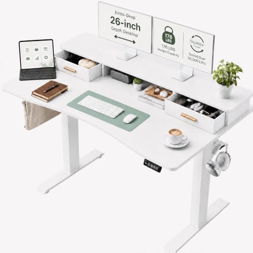 Grandder Electric Standing Desk with Two Drawers, Curved Sit to Stand Up Height Adjustable Desk with Storage Shelf for Home Office, 55 * 26 Inch, Study, Ergonomic Adjustable Computer Desk, White
