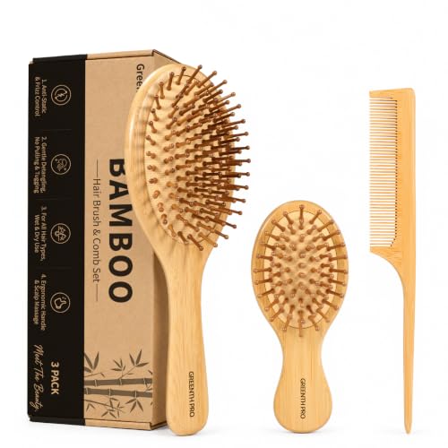 GREENTH PRO Bamboo Hair Brush & Bamboo Comb Set for Women/Men/Kids,Natural Wooden Detangling Brush &Tail Comb for Wet/Dry (Curly/Thick/Thin) Hair-Wooden Hair Brush for Women Gift Kit