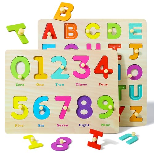 GRINNNIE Toddler Puzzle for 2 3 4 Years Old, Wooden Alphabet Number Peg Puzzles for Preschool Toddlers Age 2-4, Great Learning Puzzle Toy 1st Birthday Gift for Girls Boys