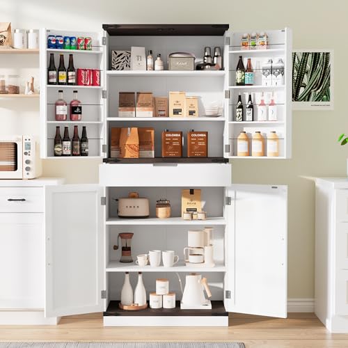 GRUSIGN 72" Kitchen Pantry Storage Cabinet with Doors and Shelves, Wood Farmhouse Pantry Storage with Barn Doors for Kitchen, Dining Room, Living Room