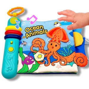 GRWXHB Baby Song Books 0-6-12 Months, Nontoxic Fabric Baby Cloth Books with Music and Lights Newborn Infant Carseat Toys 6-9-12 Months Shower Gifts Easter Basket Stuffers (Ocean)