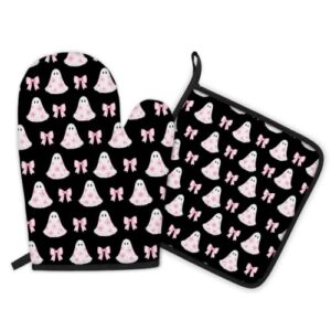 GUULIJEEMIY Pink Halooween Ghost Kitchen Oven Mitts and Pot Holders Sets