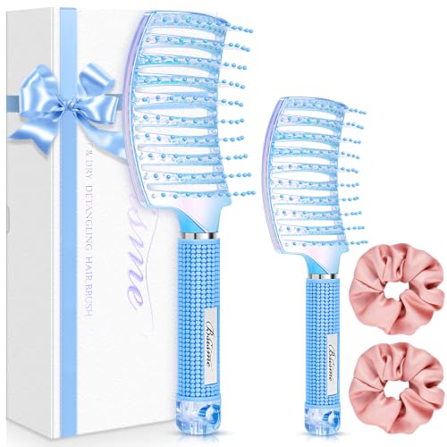 Hair Brush Set, Large Curved Paddle & Mini Travel Brush, Fast Blow Drying Brush for Wet Dry Hair, Pain-Free Detangler Hairbrush for Thick Curly Fine Hair, Home Travel Grooming Tools for Women Men Kids