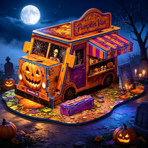 Halloween 3D Puzzle for Adults, Pumpkin Van Miniature Building Kit, DIY Craft Model Kit, Spooky Halloween Festival Decoration Display, 3D Paper Puzzle Home Décor Gift for Teens Family & Friends