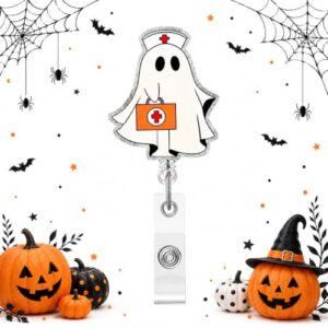 Halloween Badge Reel Retractable ID Name Holder Fun Cute Nurse Ghost Medical Bag Badge Charm Designs Acrylic Cartoon Spooky ID Badge Holder with Alligator Clip for Students Nurses Teachers ID Clip