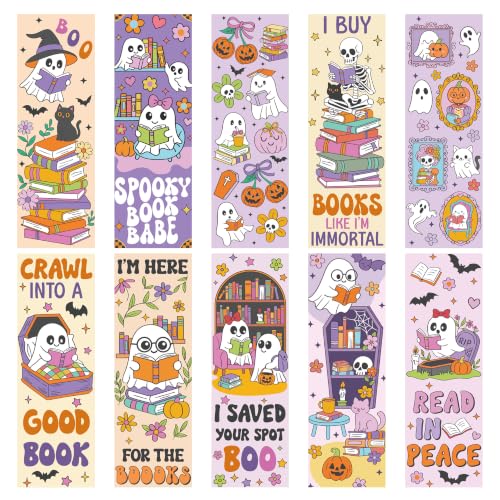 Halloween Bookmarks for Kids, 50 Pcs Cute Spooky Ghost Book Marks Bulk for Reading Book Lovers, Funny Bookmarks for Students Classroom Rewards, Halloween Party Favors Bookish Gifts
