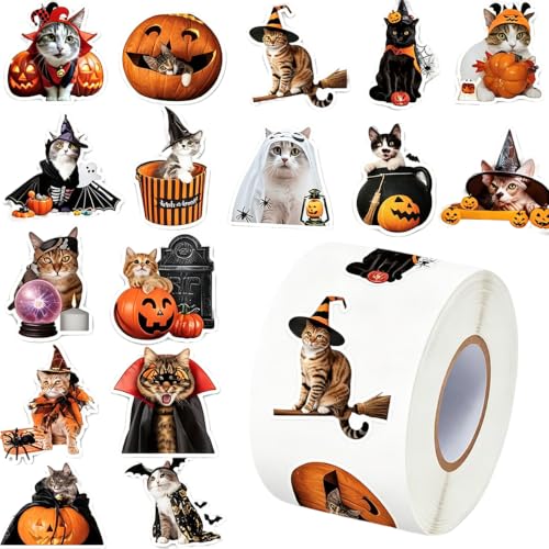 Halloween Cat Stickers Roll - Halloween Cat Dress Up Stickers in Pumpkin Cats Self-Adhesive Sticker for Holographic Waterproof Decals for Halloween Party Envelope Scrapbook Decor Designs 500pcs