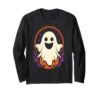 Halloween Ghost Flames Oval Badge Line Art Spooky Season Long Sleeve T-Shirt