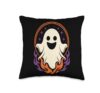 Halloween Ghost Flames Oval Badge Line Art Spooky Season Throw Pillow