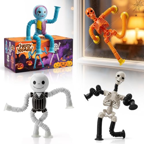 Halloween Pop Tubes Skeleton Toy 2026, Sensory Fidget Tubes Toys for Kids Toddlers Road Trip ,Telescopic Suction Cup Autism ADHD Halloween Party Favors Goodie Bags Basket Stuffers