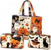 Halloween Quilted Tote Bag & Cosmetic Pouch 3pcs Set, Cute Ghost Pumpkin Bat Print Large Shoulder Handbag with 2 Matching Makeup Pouches, Fall Shopping Tote Purse Gift for Women