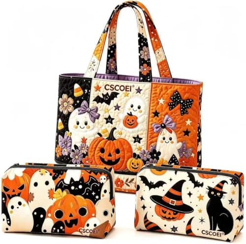 Halloween Quilted Tote Bag & Cosmetic Pouch 3pcs Set, Cute Ghost Pumpkin Bat Print Large Shoulder Handbag with 2 Matching Makeup Pouches, Fall Shopping Tote Purse Gift for Women