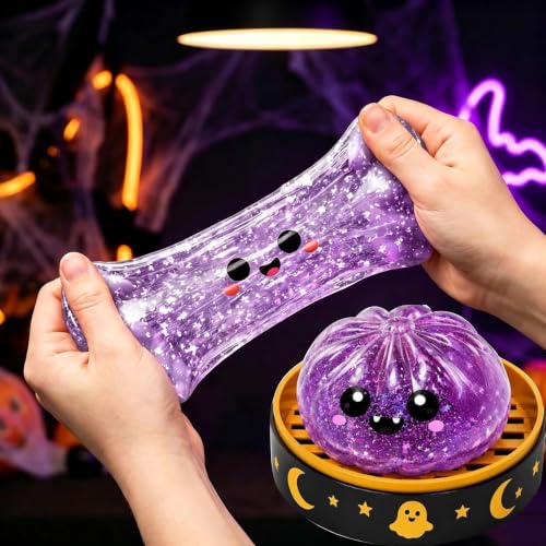 Halloween Spooky Pumpkin Stress Ball Squeeze Toy for Adults, Slow Rise Glitter DumplingSpooky Ghost Decorations, Halloween Cute Pumpkin Squeeze Fidget Toy for Stress Anxiety Relief(Purple)