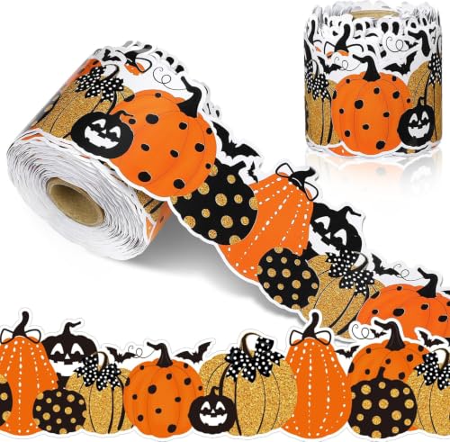 Halloween Stickers Rolls Pumpkin Bat Bulletin Board Border Decorations Glitter Orange Gold Cartoon Sticker Decals for Halloween Thanksgiving Party School Classroom Office Chalkboard Door Decor