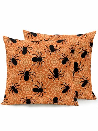 Halloween Waterproof Outdoor Pillow Set of 2 Black Web-spinner Decorative Throw Pillows Cover & Insert 18x18 Inch Pillowcase Cobwebs Orange Square Pillows for Couch Sofa Bed Patio Furniture