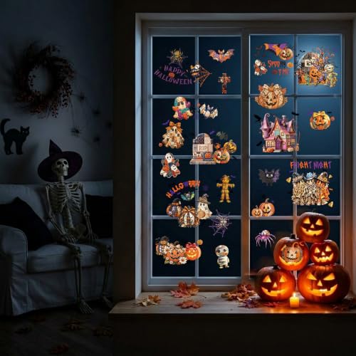 Halloween Window Clings - Spooky Day & Night Glass Door Decorations, Reusable Peel & Stick Window Decals with Ghost, Pumpkin, Bat & Witch Designs - Fun & Easy Home Decor for Kids, Family, & Parties