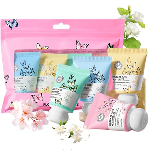 Hand Cream Gift Set for Women, 4 Pack Travel Size Hand Lotion for Dry Cracked Hands, Mini Moisturizing Hand Care with Cuticle Relief, Non Greasy Floral Stocking Stuffers for Teen Girls, 4.24 Oz
