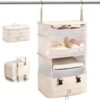 Hanging Closet Organizer, Foldable Beige Mesh Shelves with Zipper Bag