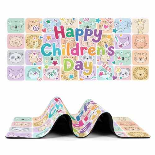 Happy Children's Day Mouse Pad Gaming Desk Mat for Keyboard and Mouse, Cartoon Curtain Animals Large Mouse Pad with Non-Slip Base, Decorative Mousepad for Game Office Home 35"x15"