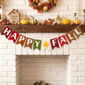 Happy Fall Banner, Pre-Strung Autumn Felt Garland, Bunting with Maple Leaf