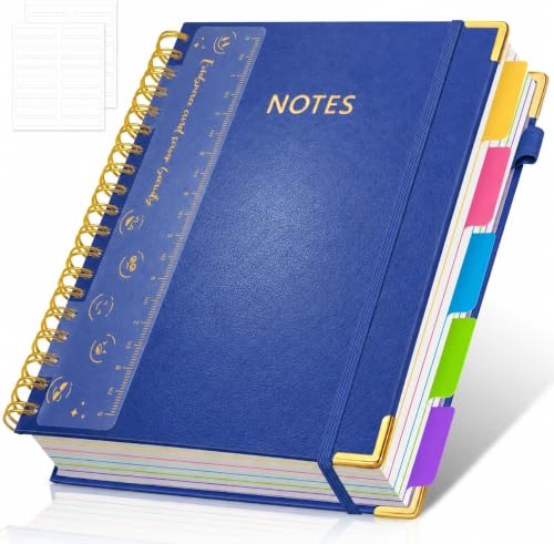 Hardcover Spiral Notebook Journal, 8"x10" Large B5 Notebooks with Removable Dividers Tabs, 300 Pages Leather 5 Subject Notebook College Ruled, Lined Journal for Women Work School Note Taking, Blue