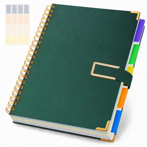 Hardcover Spiral Notebooks 8.5" X 11", 5 Subject Notebook College Ruled with Magnetic Closure, 360 Pages Note Taking Leather Journal with Dividers Tabs for Work School Cute Women Writing, Green