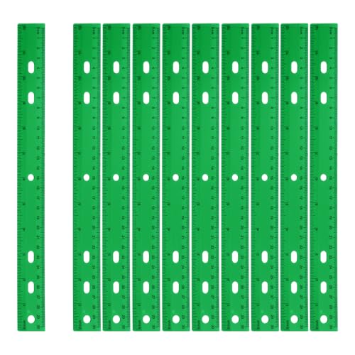 HARFINGTON 12pcs Plastic Rulers 12" (30cm) Clear Straight Ruler Measuring Tool Inches and Centimeters with Hole for Home Office Classrooms Drafting, Green