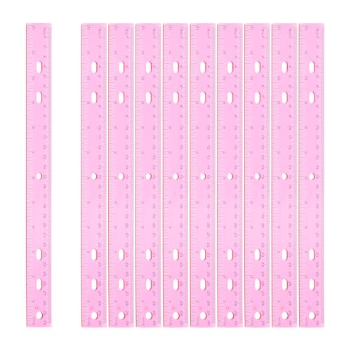 HARFINGTON 12pcs Plastic Rulers 12" (30cm) Clear Straight Ruler Measuring Tool Inches and Centimeters with Hole for Home Office Classrooms Drafting, Clear Pink