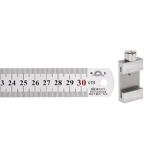 HARFINGTON 2 in 1 Stainless Steel Ruler with Scriber Block 30cm/12 Metric and Inch Metal Ruler with 27mm Length Brass Locating Vernier Slider for Woodworking DIY Measuring, Silver Tone