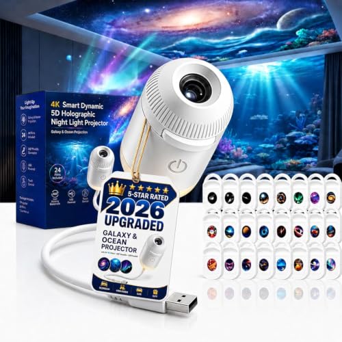 HD Smart Dynamic 5D Holographic Night Light Projector, Plug and Play 2-in-1 Galaxy Star and Ocean Projector with 24 Films, 360 Rotating USB Powered Ceiling Light for Bedroom Decor (with 24 Films)