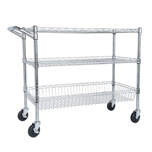 Heavy-Duty Service Trolley 3-Tier Rolling Utility Cart – Chrome Storage Carts, 36" L x18 W x 32" H Mobile Service Cart for Kitchen, Restaurant, Plant Display, Mobile Display Cart for Plants
