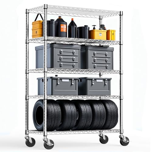 Heavy Duty 5‑Tier Adjustable Steel Wire Storage Shelving Unit, 1750 Lbs Capacity Metal Rack Organizer, 17.7"D x 47.2"W x 72.3"H, for Garage, Basement, Pantry, Kitchen & Laundry Room,Chrome+with wheels