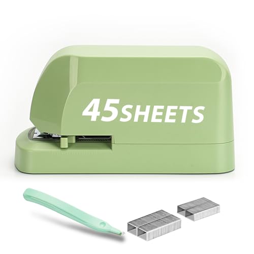 Heavy Duty Electric Stapler Value Pack, 45 Sheet Capacity, Includes 1500 Staples & Staple Remover, No-Jam, Faster Stapling, Automatic Stapler Desktop,AC Adapter Powered (Saga Green)