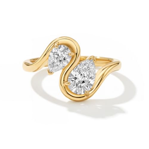 Hefanny 14K Gold-Plated Wedding Bands for Women Dainty Stackable Cubic Zirconia Promise & Engagement Rings Trendy Statement Jewelry for Her Sizes 5-11 (Two Pear Ring, 8, Gold / 1 Pack)
