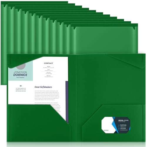 Henoyso 18 Pack Dark Green Plastic Folders with Clear Front Pockets Heavy Duty File Folders with 2 Pockets and Card Slot for Student Communication School Office Presentation Report