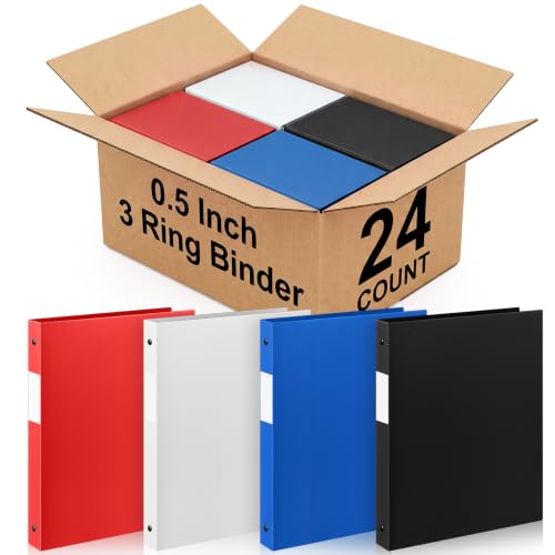 Henoyso 24 Pack 0.5 Inch Plastic 3 Ring Binder Round Ring, Bulk 1/2 Inch Flexible Binders Hold 140 Sheets Letter Size with Pocket, Document Organizer for Back to School Classroom Office (Office Color)